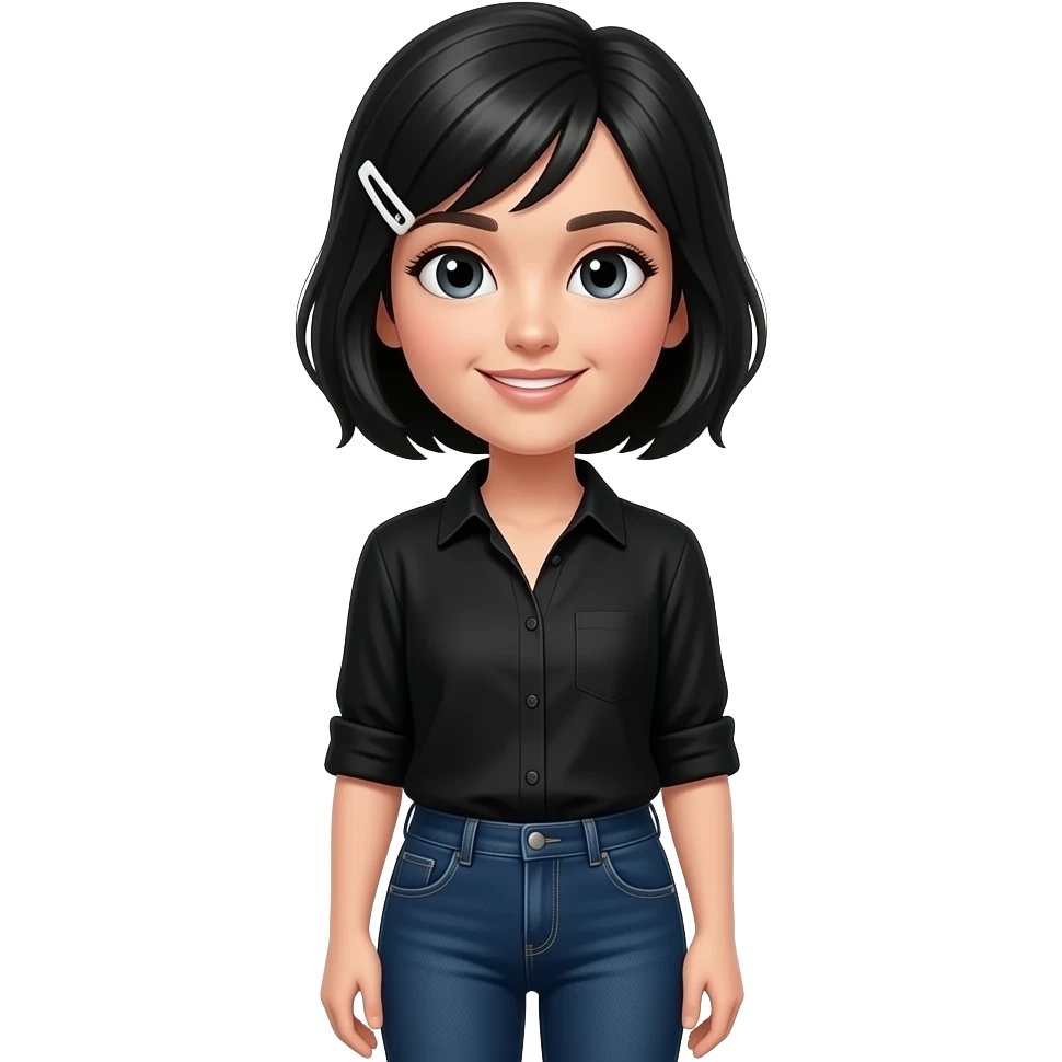 White woman with a black shirt, dark blue jeans, black short hair with a white clip on the left of her hair emoji