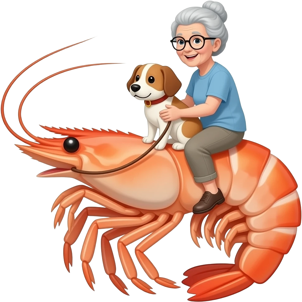 old woman riding giant shrimp with dog face emoji
