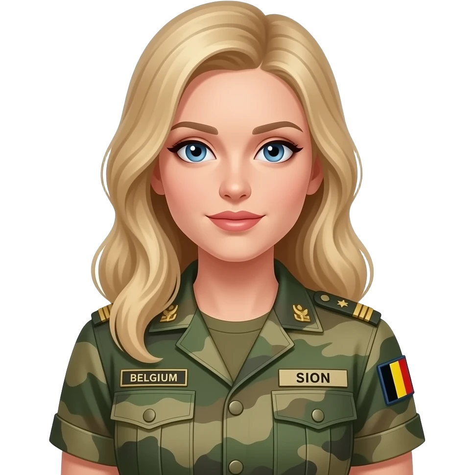 woman - military - kaki uniform - blond long hair - blue eyes - feminine - under officer grade - SION on name tag on the right - BELGIUM on the name tag on the left - Nurse patch on the right arm - Belgium flag on the left arm emoji