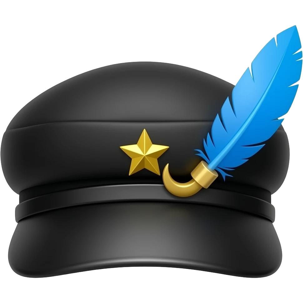 Black Breton Cap hat with gold stars and crescent pins on the side, and a sky blue feather on the side pointing backwards emoji