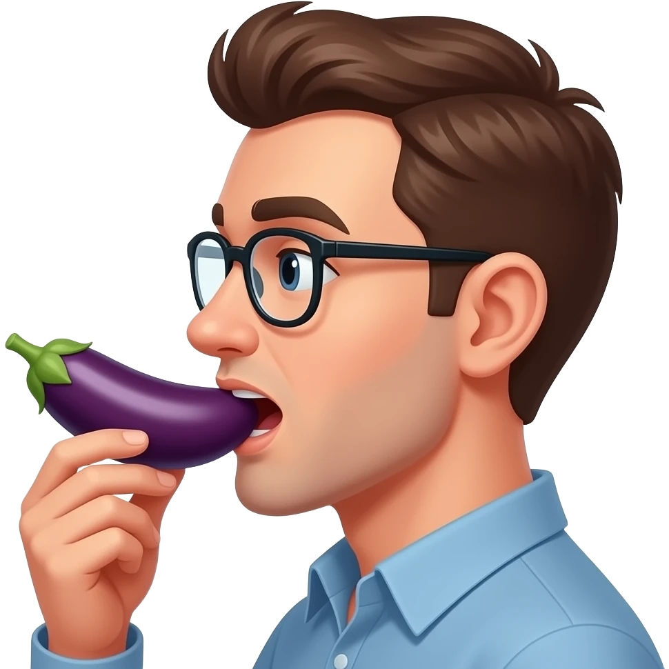 Brown hair guy with glasses with eggplant in mouth side profile Flip eggplant emoji