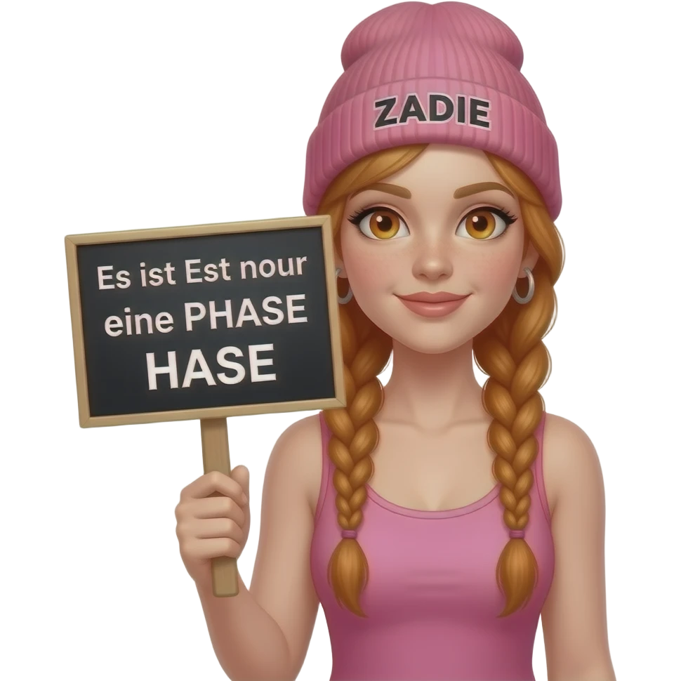 sexy girl with overlong ginger braids and ginger eyes wearing a pink tanktop and a pink beanie with ZADIE written on it, is holding a black sign with Es ist Es ist nur eine PHASE HASE written on it emoji