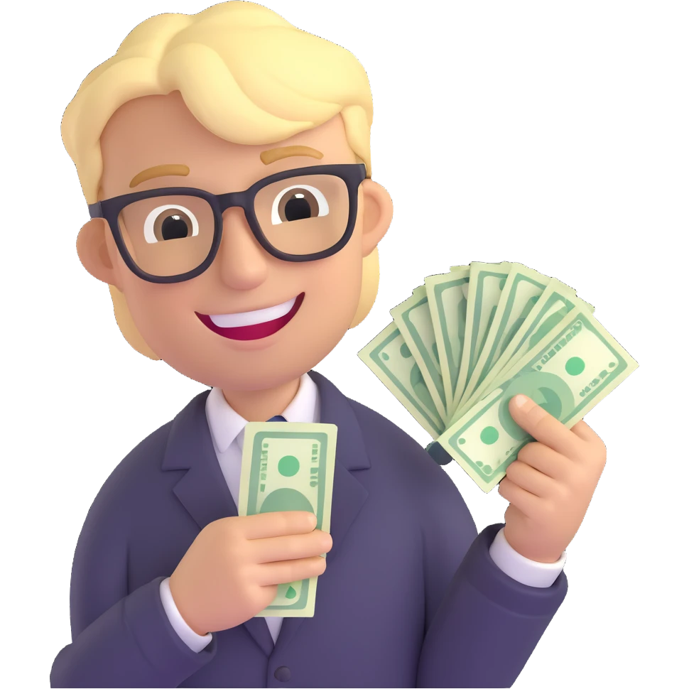 blond man wearing black glasses, holding cash, greedy smile emoji