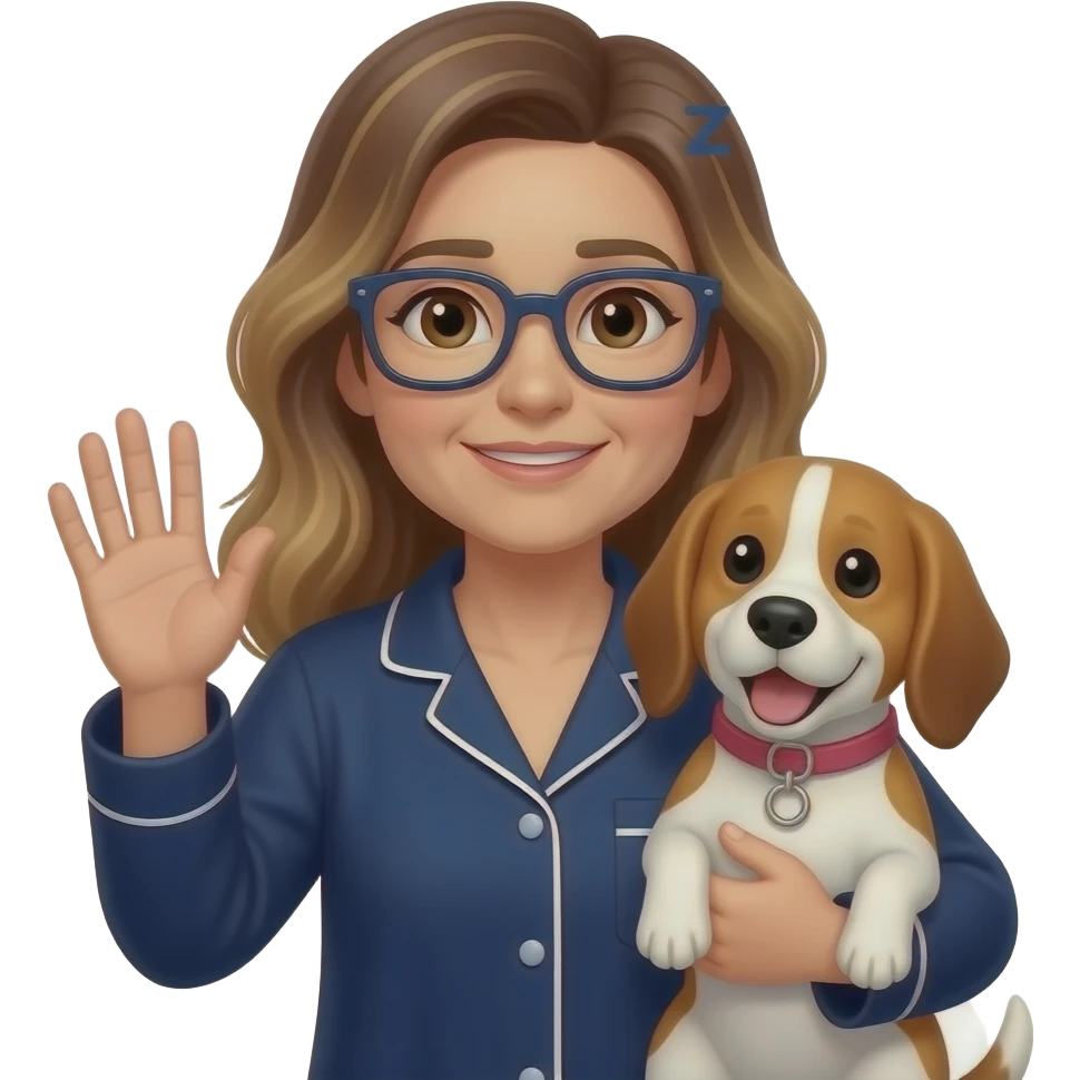 50-year-old drowsy woman with dark brown eyes,  long brown balayage hair, parted on the left, with pale skin, with dark navy rectangular glasses, holding a beagle that looks happy. She is wearing a navy pajamas. The beagle has a pink collar. The woman is waving goodbye. There are Zzz above her head emoji