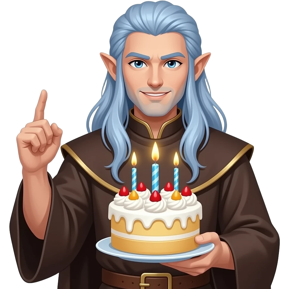 birthday celebration with male elf battle monk with long blue silver hair holding birthday cake emoji
