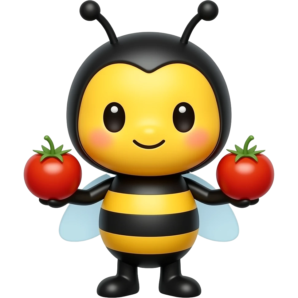 A cute bumblebee character holding a cherry tomato in each hand emoji