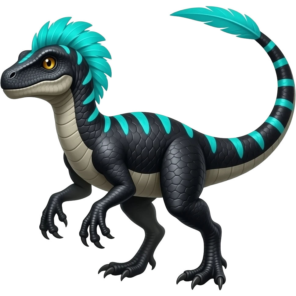 Cool edgy ancient black-scaled with neon-turquoise stripe markings digitigrade bipedal vintage futuristic raptorik fantasy-Cyberpunk-Steampunk-Solarpunk-Genesect-Salamence-Cyclizar-Salazzle-Feraligatr-Fakémon-animal-hybrid, with neon feather-mane, and a tail blade, back spikes, full body emoji