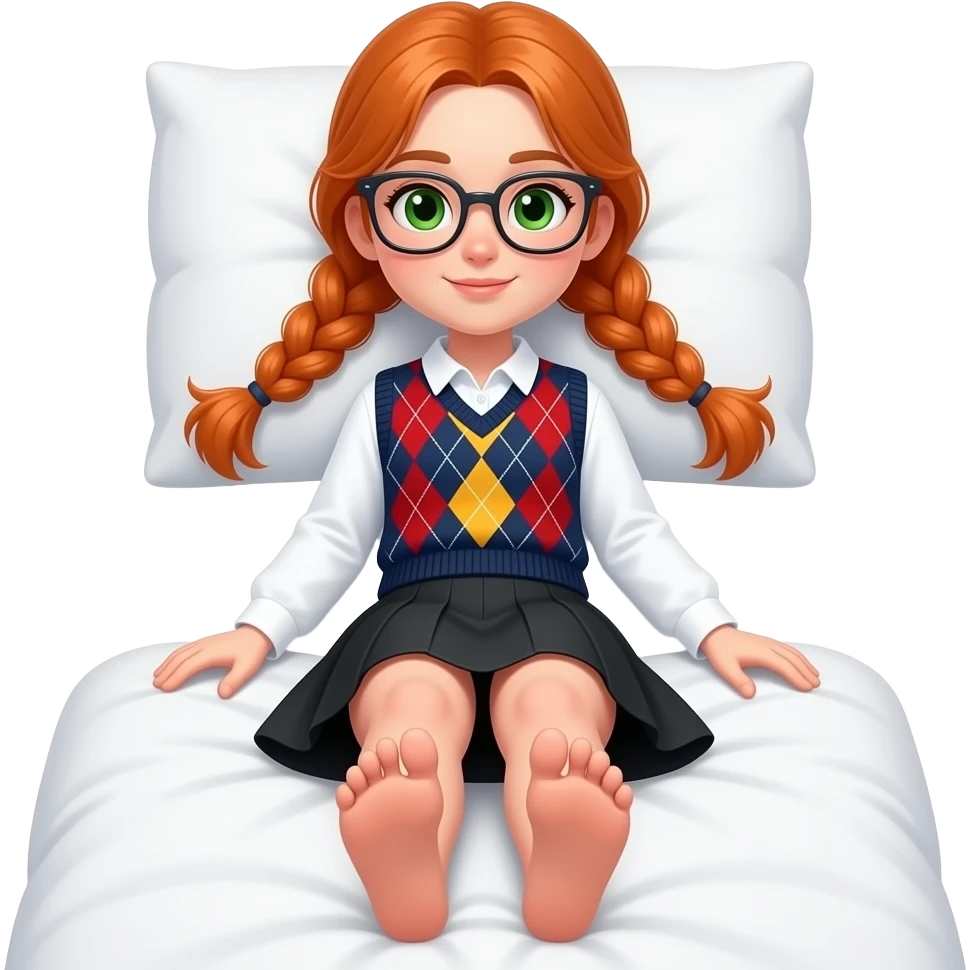 17 year old white woman green eyes orange braided pigtails rectangle glasses white long sleeved polo argyle dark blue red and yellow vest black skirt laying down on her pillow in bed showing her feet emoji