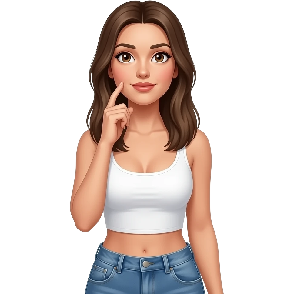 Woman thinking and looking up wearing white crop top with jean pants. Brown eyes and dark blonde straight long hair. Very sexy and seducing eye look. emoji