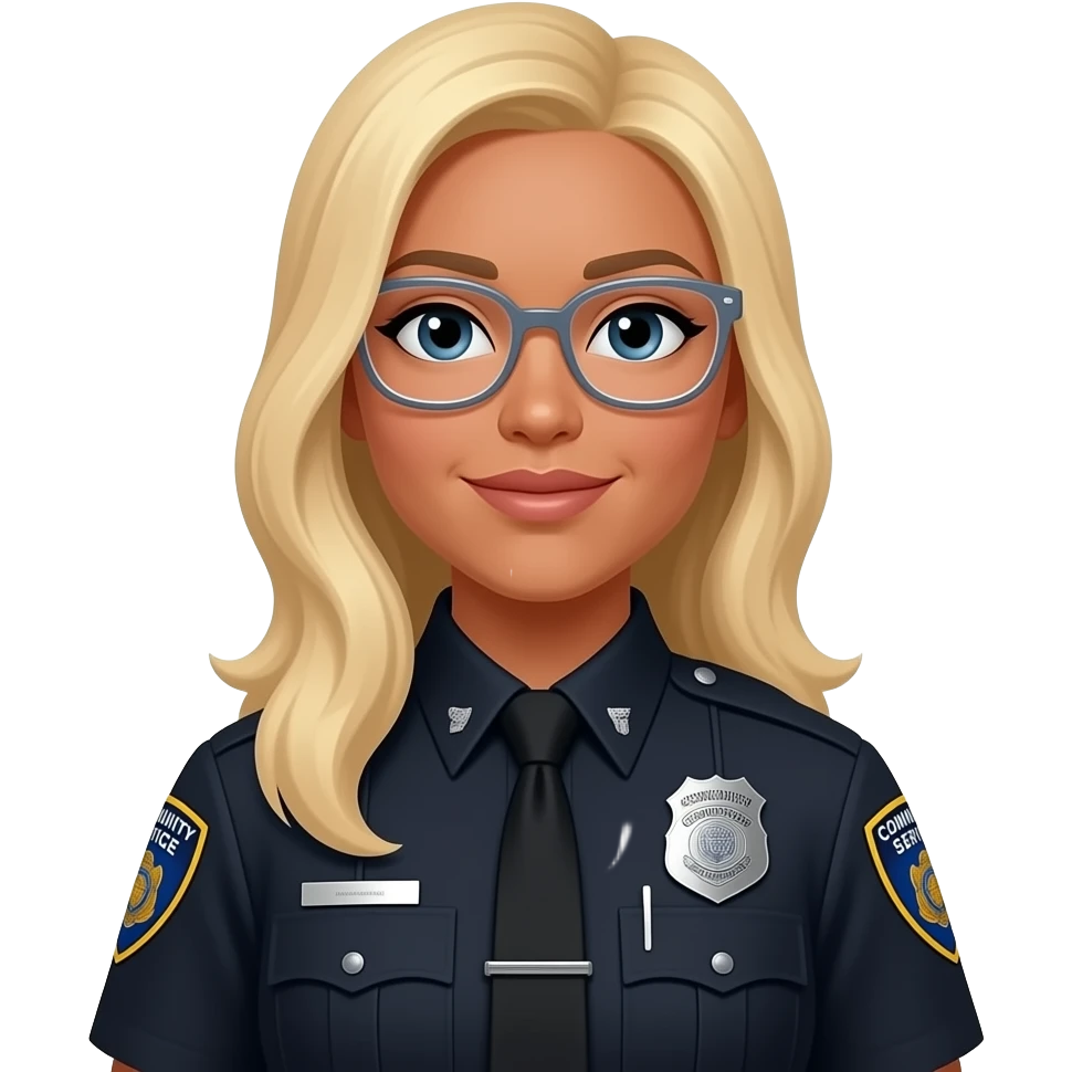 police woman, light brown complexion, blonde long hair, no hat, Clear colored glasses, badge says (Community Service Officer) black uniform emoji