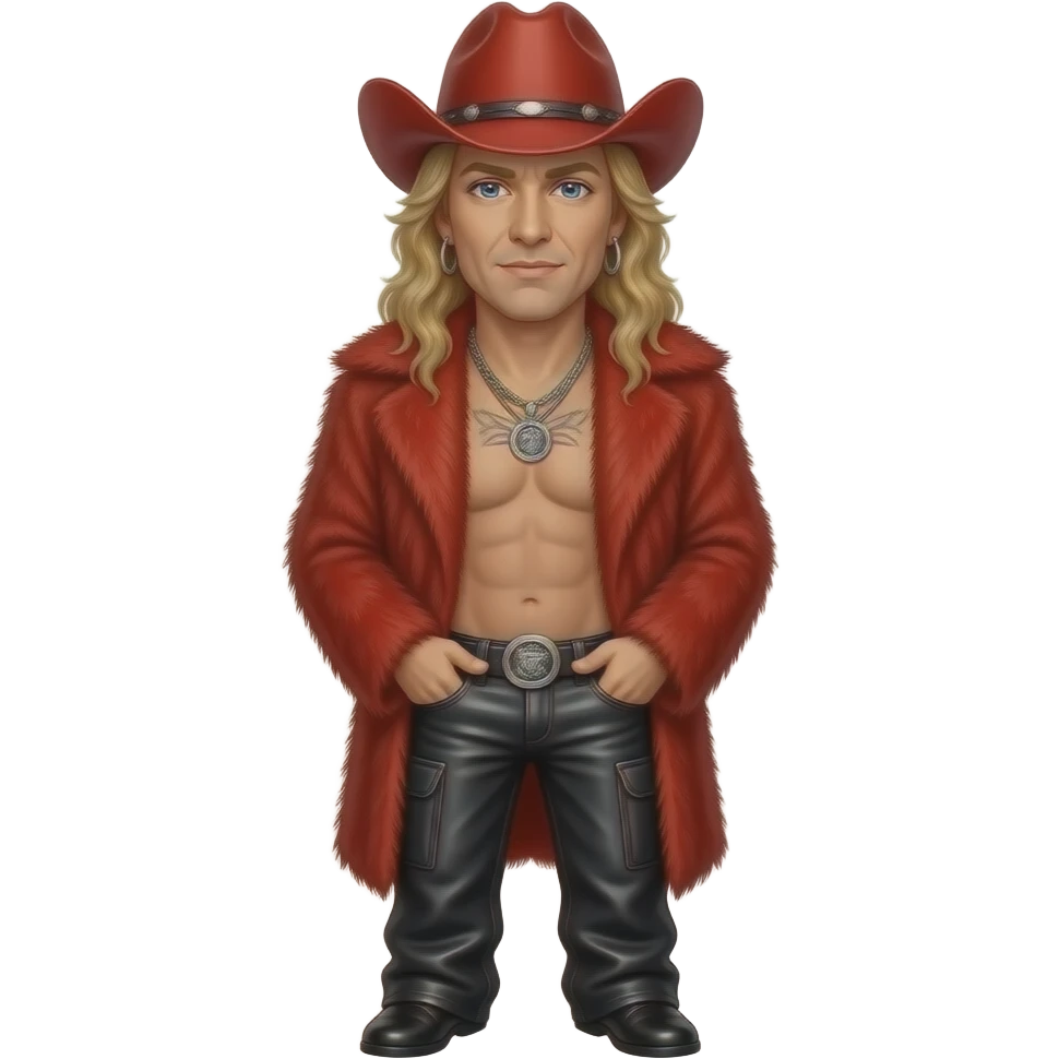 Bret Michaels with blue eyes, long blonde hair, red cowboy hat, red fur shawl, black metallic baggy pants, shirtless with necklace and earrings emoji