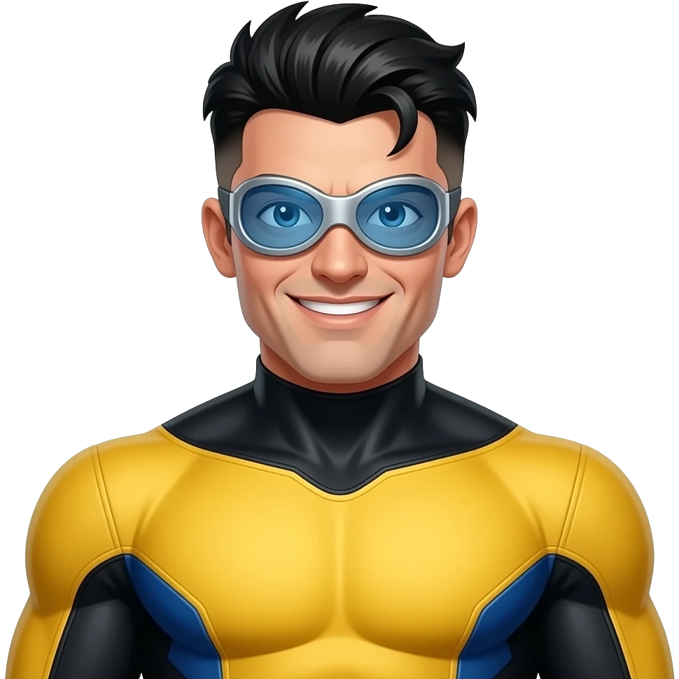 He’s drawn in a bright comic/cartoon style and has
* Black hair styled upward with shaved/faded sides
* Silver goggles/glasses covering his eyes
* A confident smile/grin
* A muscular/athletic build
* His iconic yellow-and-blue suit with black sleeves emoji