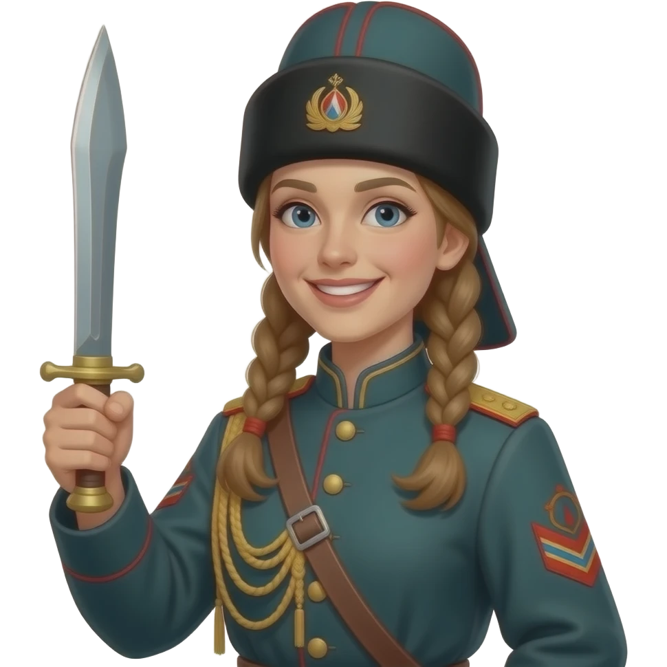 Русская девушка, казачка, в форме казака, держит в правой руке шашку, шапка кубанка на голове, озорная улыбка, emoji