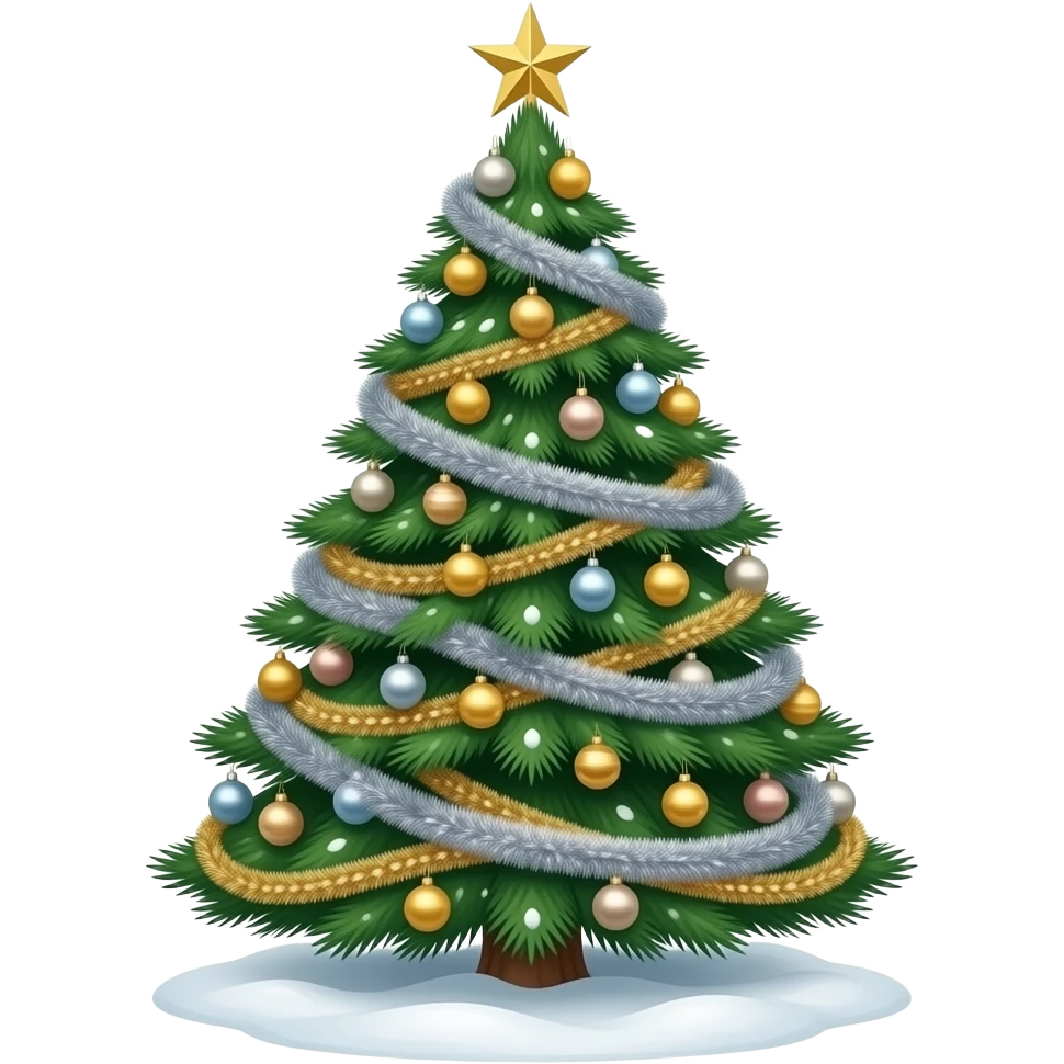 Highly detailed Christmas tree with ornaments, and silver and gold garland, and snow emoji