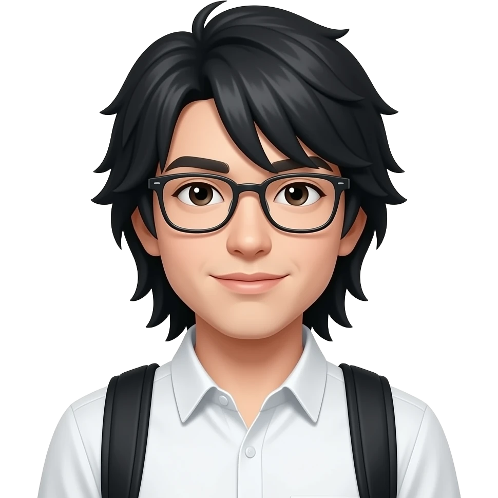A person with black medium sized hair (reaching shoulders)(kinda like wolfcut but not really at the same time). The person should have spectacles and wear a white shirt. The person should also have a black backpack on. The person should just have a neutral expression and emotion. emoji