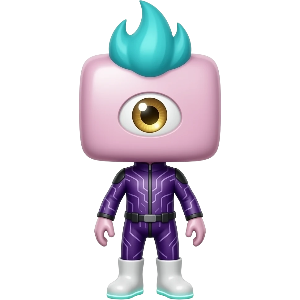 Full-body entity named Orivex with an oversized cube-shaped head, tiny ...