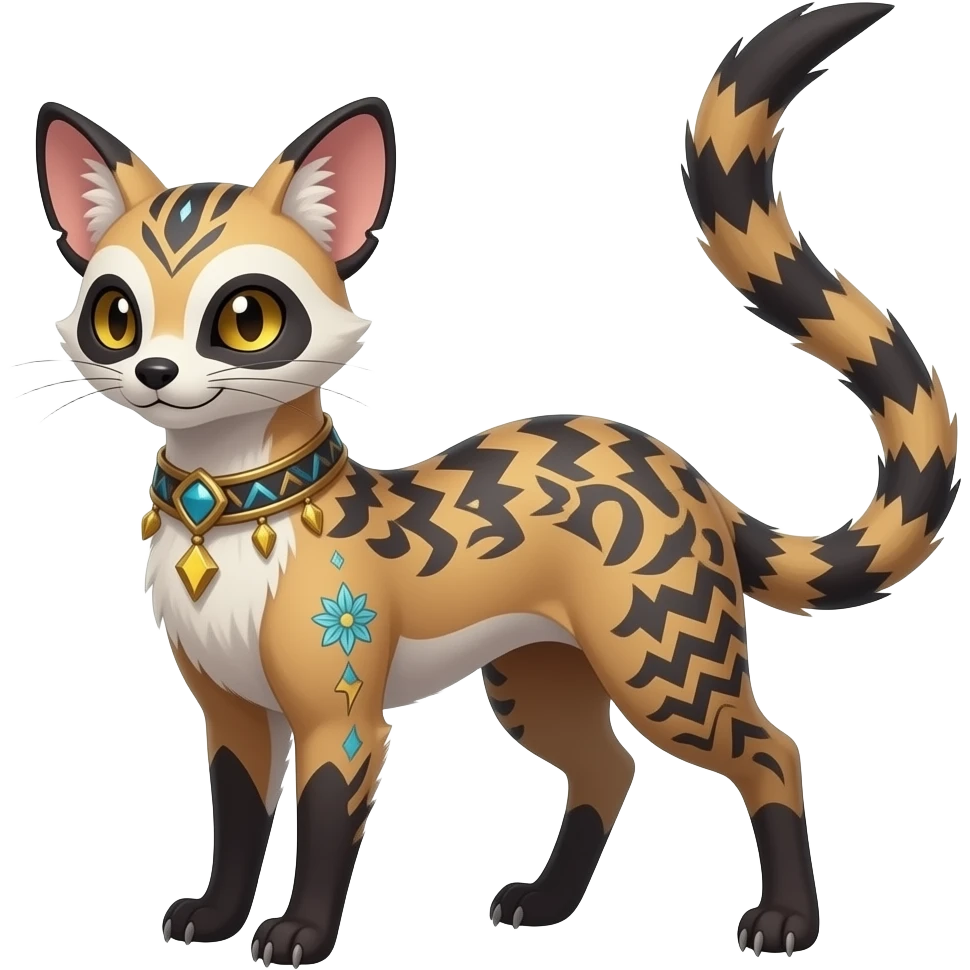 scaly spunky elegant thin Realistic tall slim unique fantasy original shiny edgy cool Civet-Absol-Sprigatito-Vaporeon-Fakémon-hybrid with tribal chevron heart floral lightning bolt strikes damask paisley markings emoji