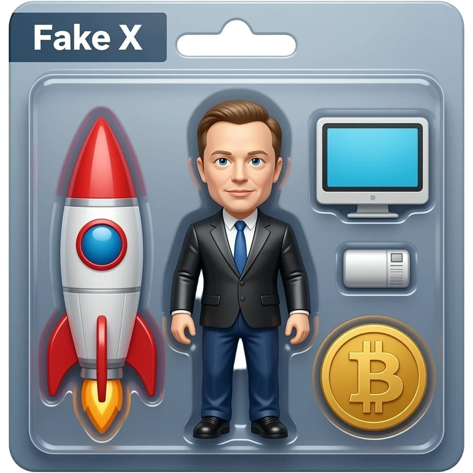Elon Musk as an action figure in a blister package with a rocket accessory, a computer accessory, and a  bitcoin accessory with the title "Fake X" on top. emoji
