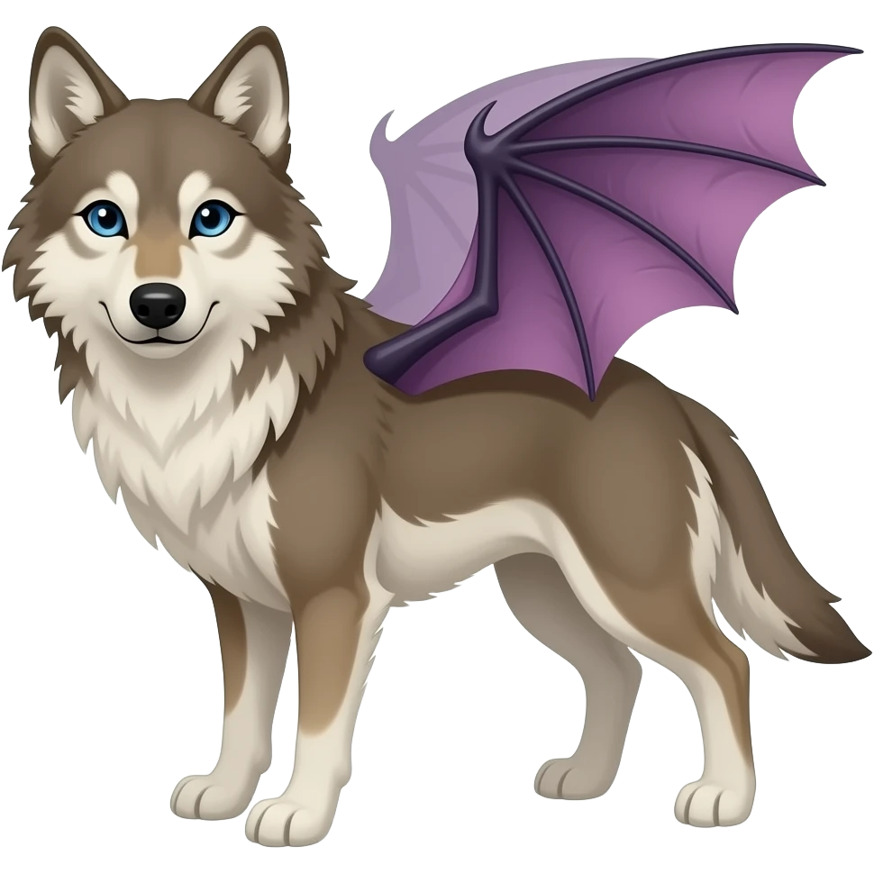 Tan wolf with blue eyes, and purplish bat wings emoji | AI Emoji Generator