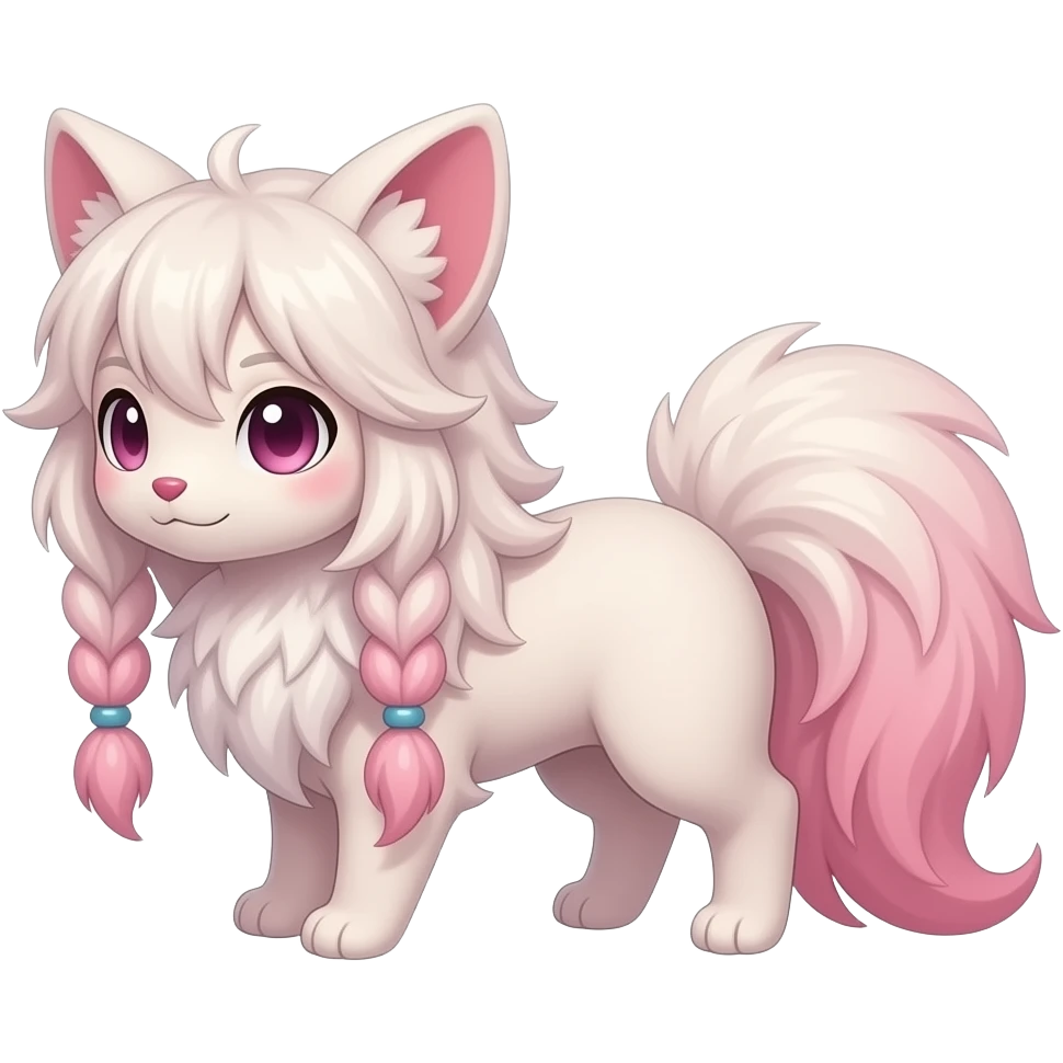 Fuzzy slim oriental feathery long-haired beaded mane cozy rosy aesthetic feathery Rosy beautiful Sylveon-Furret-Fennekin-Minccino-Espeon-Fakémon-hybrid emoji