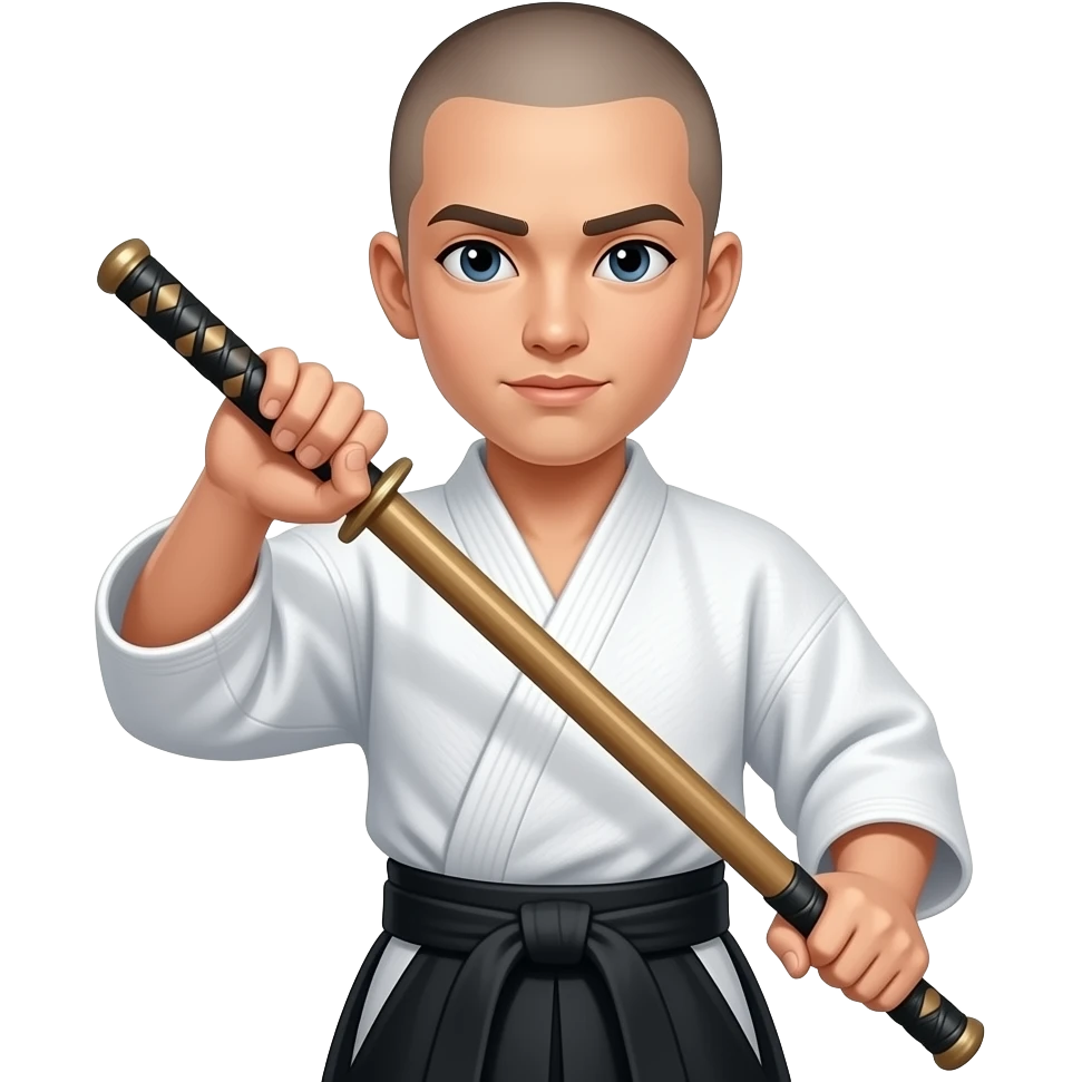 Short shaved hair,black belt and Bo staff weapon emoji