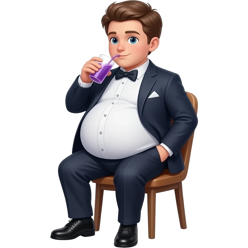 Chłopak ma 16 lat bardzo bardzo ogromnym brzucha brzuch🫄🏼 ma kształt jak ogromna piłka i brzuch jest bardzo twardy i elegancko ubrany i siedzi na krześle i pije 🟣 emoji