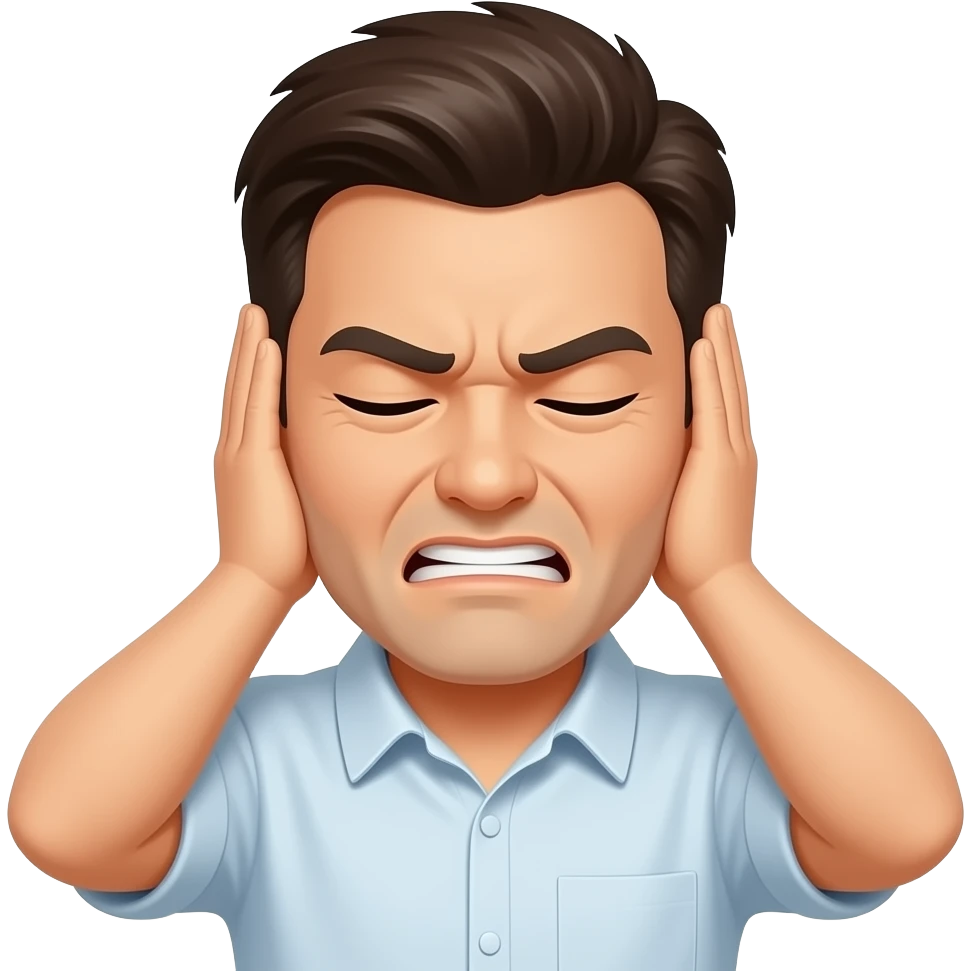 man suffering covering ears from loud noise emoji