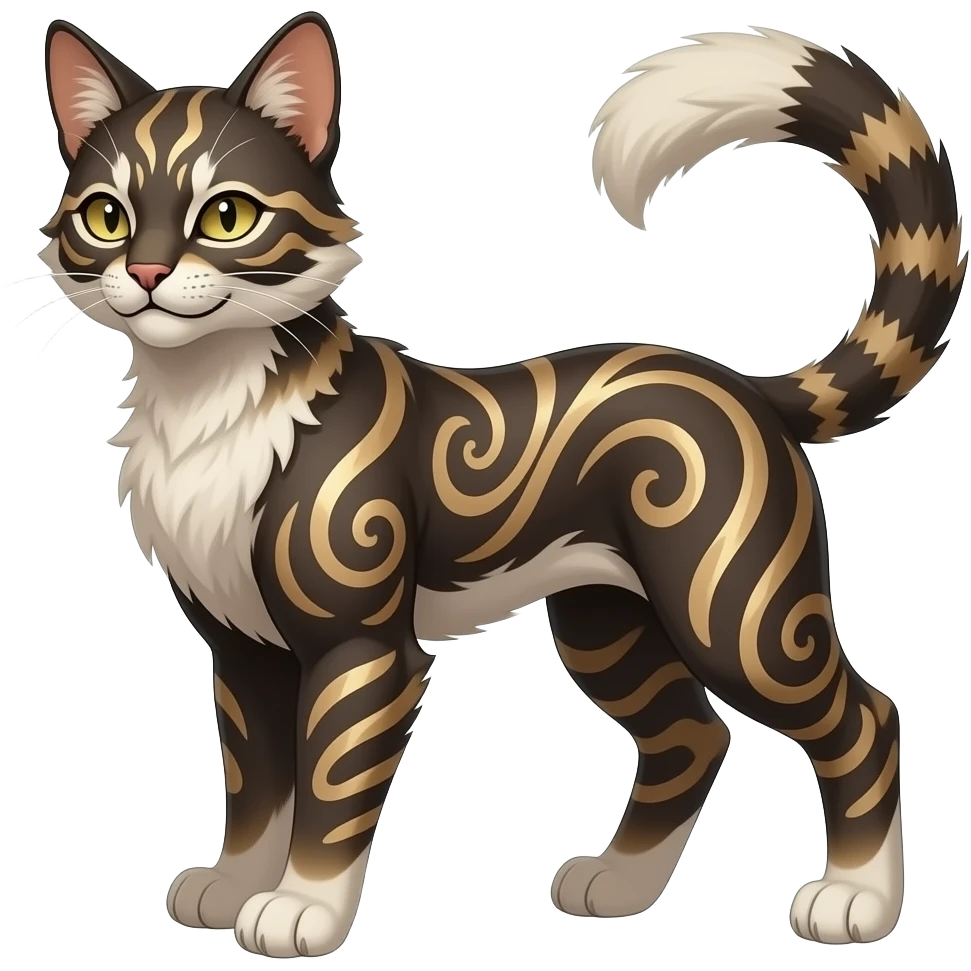Kawaii dark edgy brown beige white fantasy ethereal feline-vernid-sergal-fursona animal creature with a tufted tail full body with intricate markings, hazel-gold-green eyes emoji