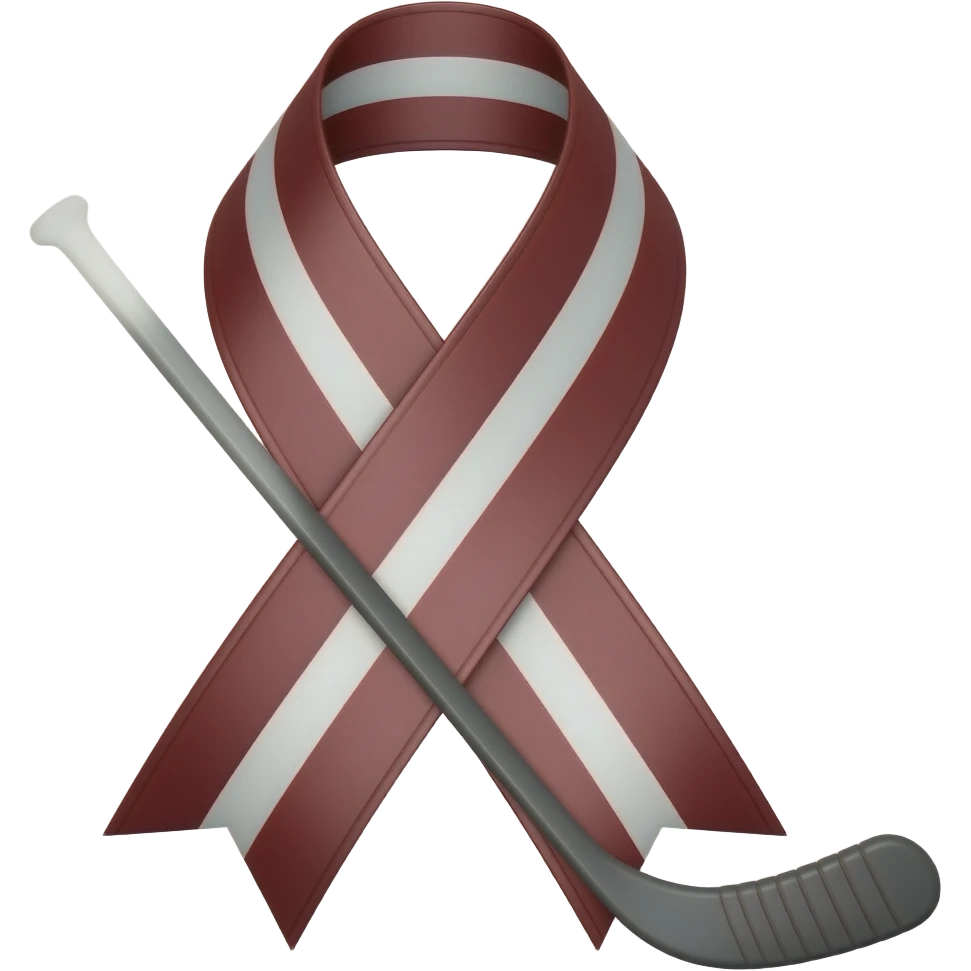 Hockey stick in full lenght with ribbon as "latvian" flag, dark red and white emoji