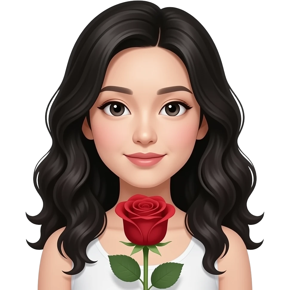 Mujer asiática recibiendo unas rosas, que la chica sea piel muy clara, cabello ondulado y negro y con ojos asiáticos emoji