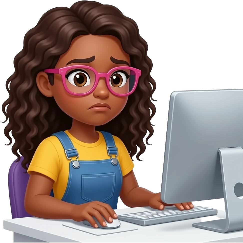 A curvy tan skinned woman with long curly hair and pink glasses, wearing overalls and a yellow shirt, sitting at her computer, looking disappointed, because there's no discord Banging VC emoji