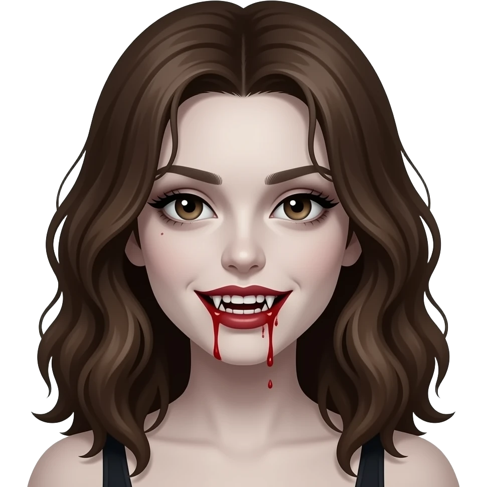 A vampire girl with wavy brown hair, fangs, and blood dripping from her mouth and with a little blood on her face, a somewhat dark appearance with pale skin and not very pronounced dark circles under her eyes, in the style of iOS 16. emoji