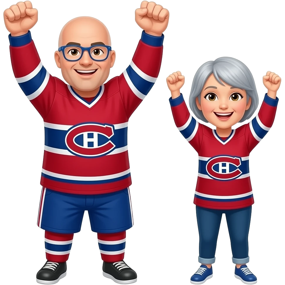 50 year old 170 lbs man, completely Bald, no hair, brown eyes, wearing blue glasses and montreal canadiens jersey with short light gray haired woman wearing the same both have their arms raised cheering emoji