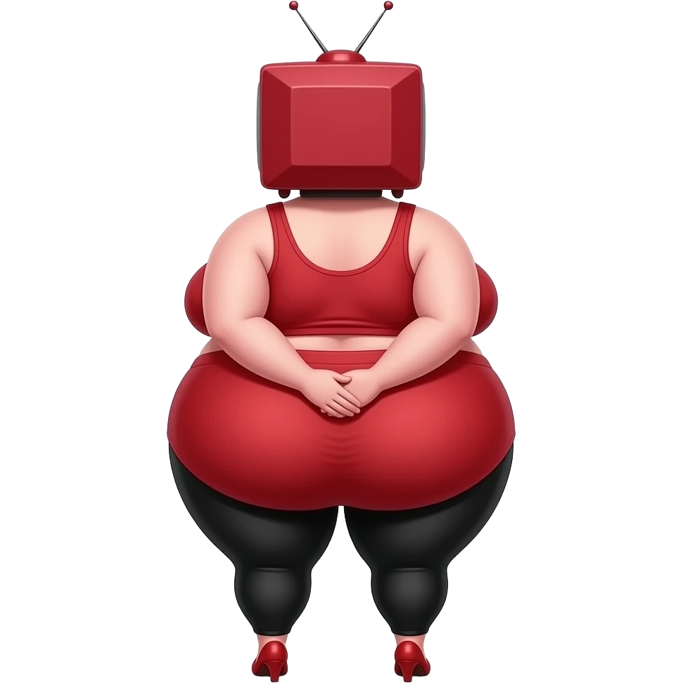 Wide Obese Anime shiny extremely curvy and fat big booty a pink skin and a and back of a red tv head female creature showing back her buttocks with putting her hands behind the wall with her red yoga clothes and black pants red and big buttlocks with a tv head with small red heels big big big boobs emoji