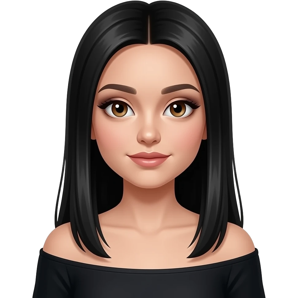 Black Teenage hazelnut eyes, smoky eye glitter makeup Long straight black hair shoulder off black top girl emoji