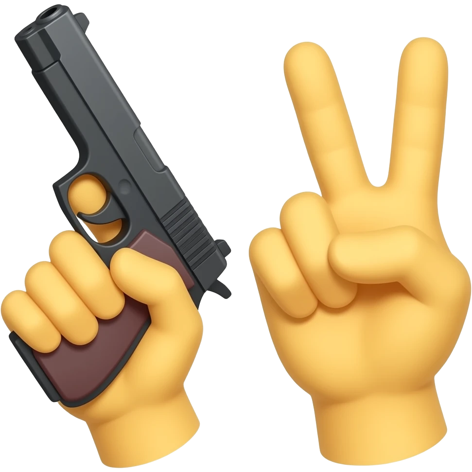 one yellow hand holding a gun, other hand showing victory emoji