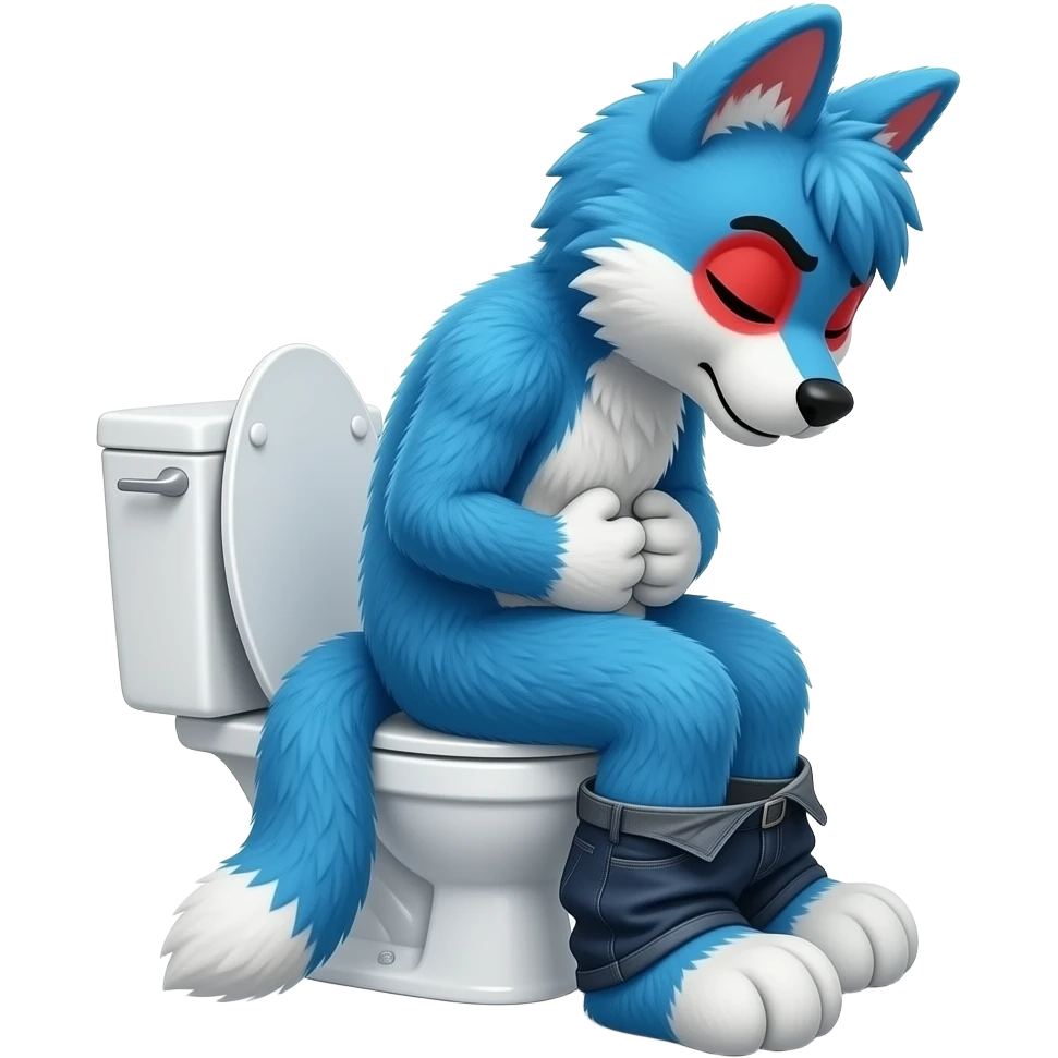 blue fursuit sitting on toilet, side view, pants down,  straining, red face, eyes close, hands on stomache emoji