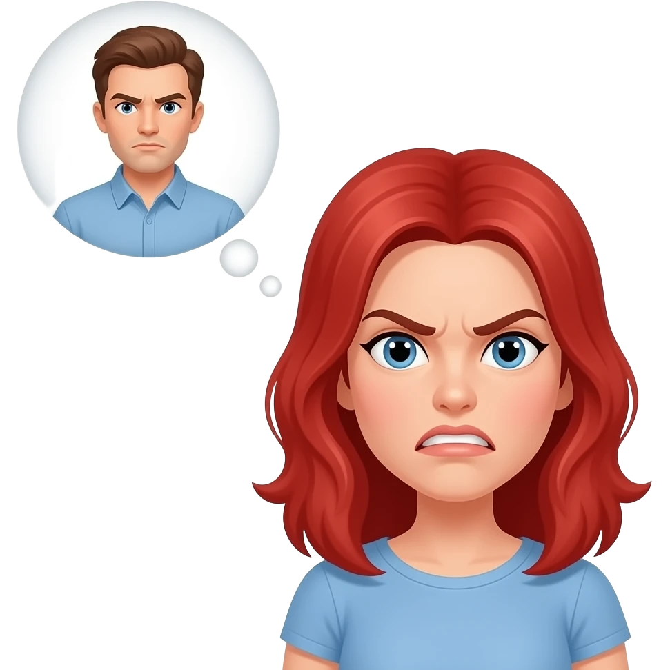 haz una pelirrioja con cara de enfadada y que salga un pensamiento arriba de ella con un hombre emoji