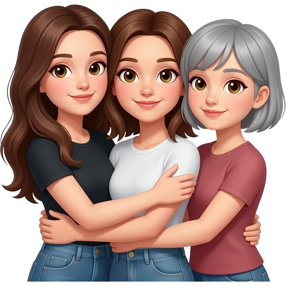 3 sisters all same height 1 long brunette hair,  1 shaggy hair to shoulders 1 grey short hair all hugging the one on the left dark hazel eyes, the middle one hazel, the right brown eyes emoji