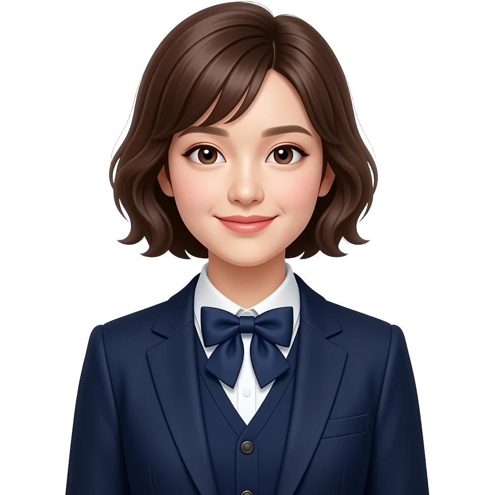 A medium shot captures a young Asian woman with short, wavy brown hair and fair skin. She has a slight smile. She wears a crisp white collared shirt with a dark blue bow tie, layered under a dark blue vest and a matching blazer. emoji