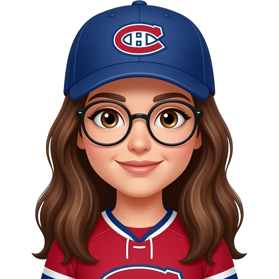 Brown eyed Woman with long brown hair, round glasses where Montreal Canadians cap emoji