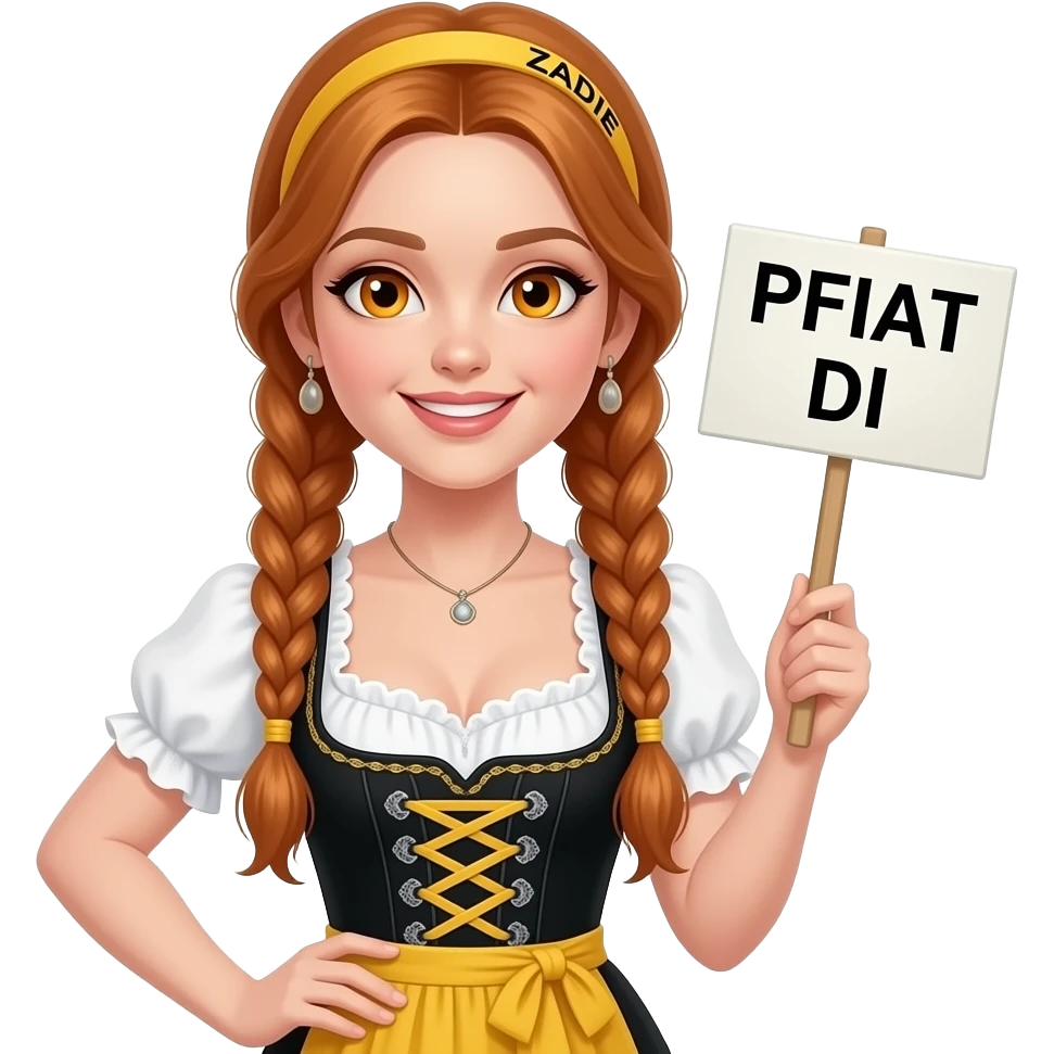 sexy girl with overlong ginger braids and ginger eyes wearing a black yellow dirndl and a yellow headband with ZADIE written on it, is holding a sign with PFIAT DI written on it emoji