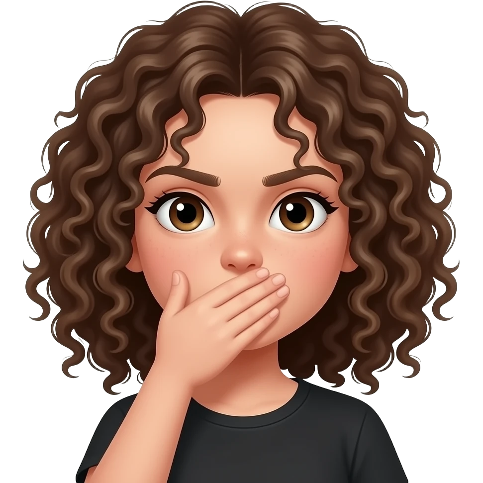 emoji de una chica con el pelo rizado de piel clara tapandose la boca con la mano y cara de niña mala emoji