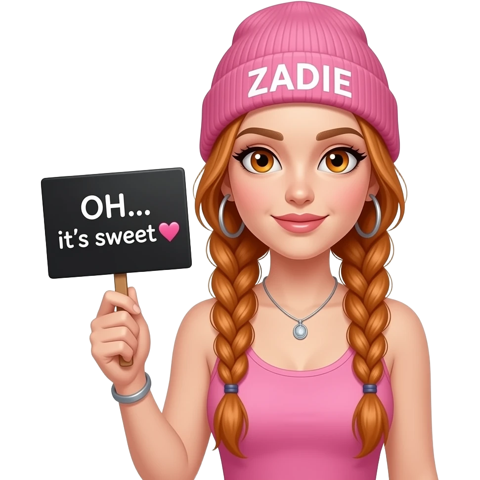 sexy girl with overlong ginger braids and ginger eyes wearing a pink tanktop and a pink beanie with ZADIE written on it, is holding a black sign with ACH... ist das SÜSS 🧡 written on it emoji