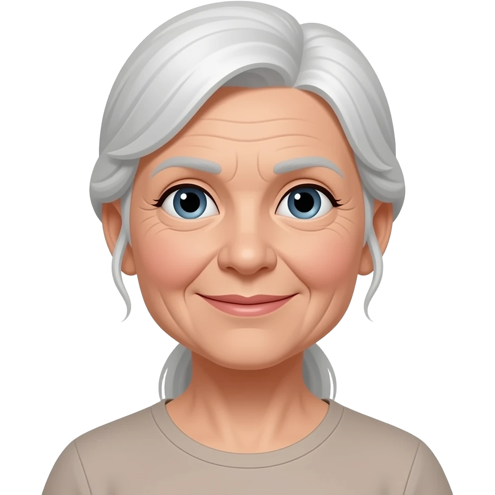 An elderly woman with long white hair tied back in a ponytail. emoji