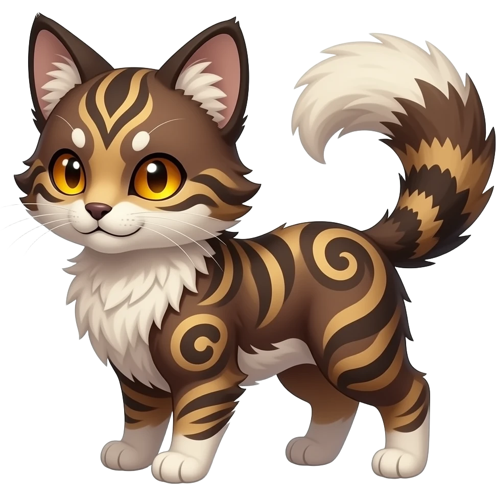 Kawaii dark edgy brown beige white fantasy ethereal feline-vernid-sergal-fursona animal creature with a tufted tail full body with intricate markings emoji