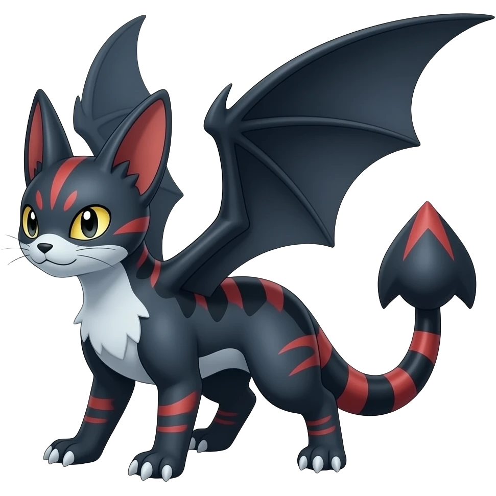 Realistic Digitigrade quadrupedal gothic cool edgy cute midnight scaly blue-gray-black, with red markings, white belly, scaley Bastet-Salandit-Absol-Umbreon-Litten-Noibat-Digimon-Fakémon-Pokémon-creature (full body), with bat wings, with bat-head-wings emoji