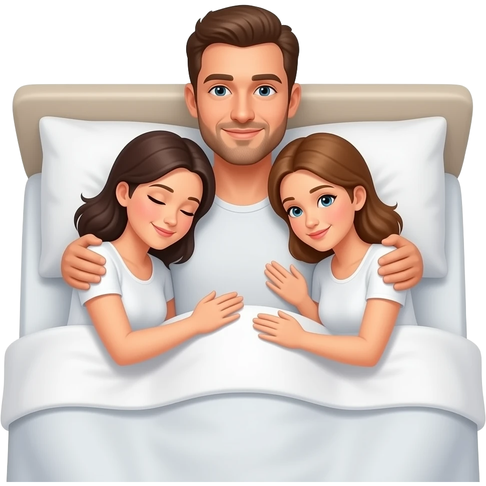 Three man in bed are hug three women. emoji