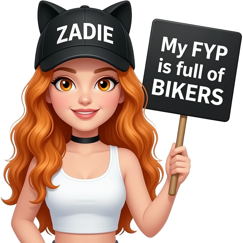 sexy girl with overlong wavy ginger hair and ginger eyes wearing a white tanktop and a black hat with cat ears with ZADIE written on it is holding a black sign with My FYP is full of BIKERS written on it emoji