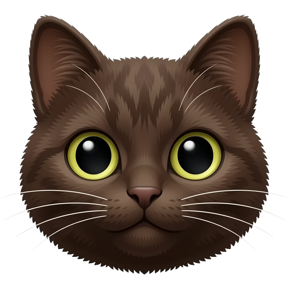 iOS-style emoji sticker of a cat face, fully dark brown fur, slightly realistic 3D glossy emoji style, soft fur texture, natural proportions, centered, white/transparent background, no body, no text. emoji